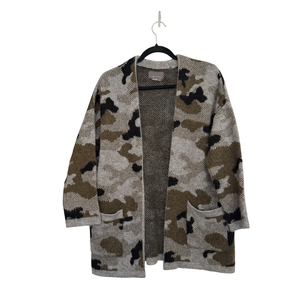 Anthropologie Camo Open Front Cardigan Sweater Grey Green Black Small